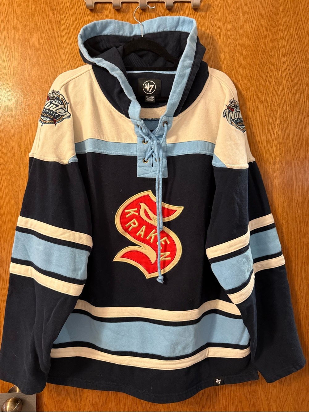 NHL Men's Navy, Light Blue & Cream Kraken Lace-Up Pullover Hoodie